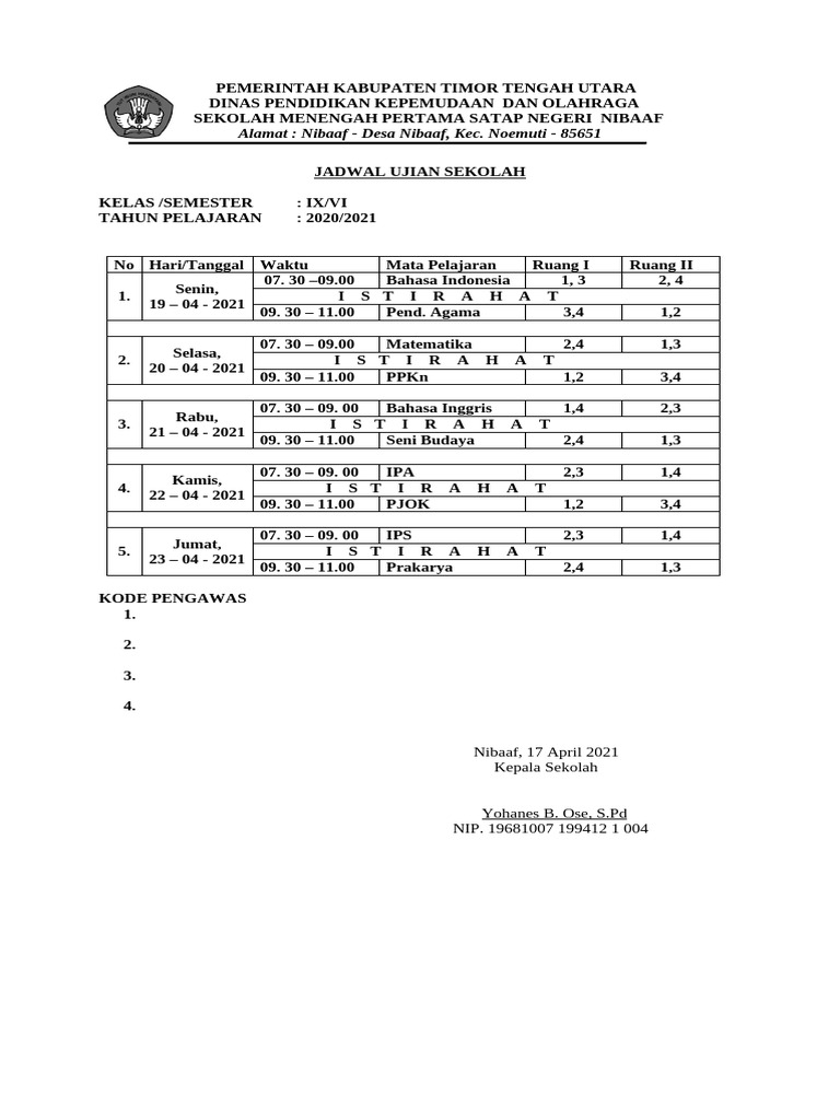 Jadwal Ujian Sekolah SMP Nibaaf 2021 PDF Jadwal Ujian Sekolah SMP Nibaaf 2021 PDF