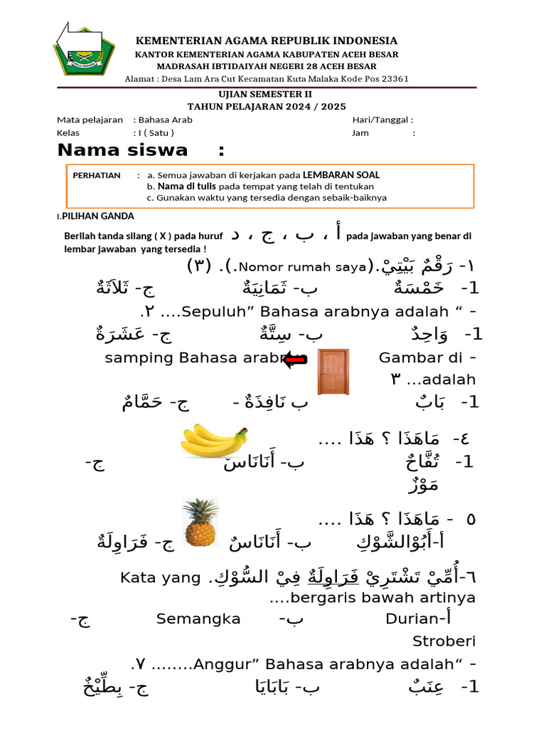 Soal Bahasa Arab Kelas 1 Sem 2 2023-2024 PDF