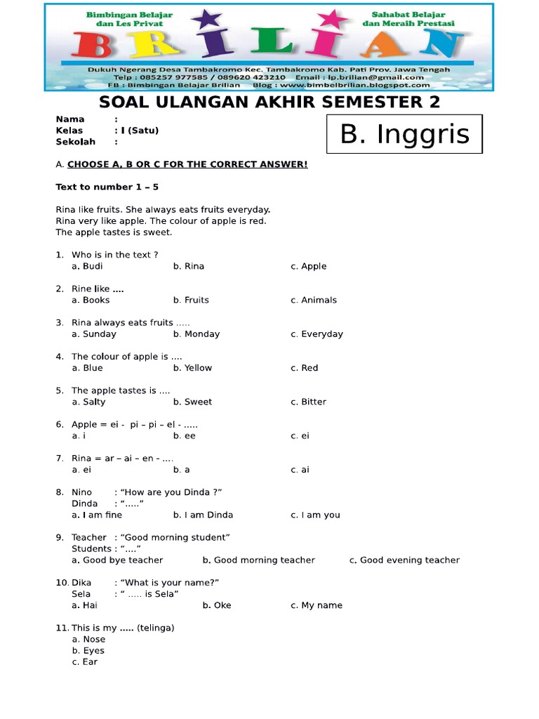 7 Rahasia Latihan Soal Ujian Bahasa Inggris Kelas 3 SD Semester 1 Agar Nilai Anak Melesat