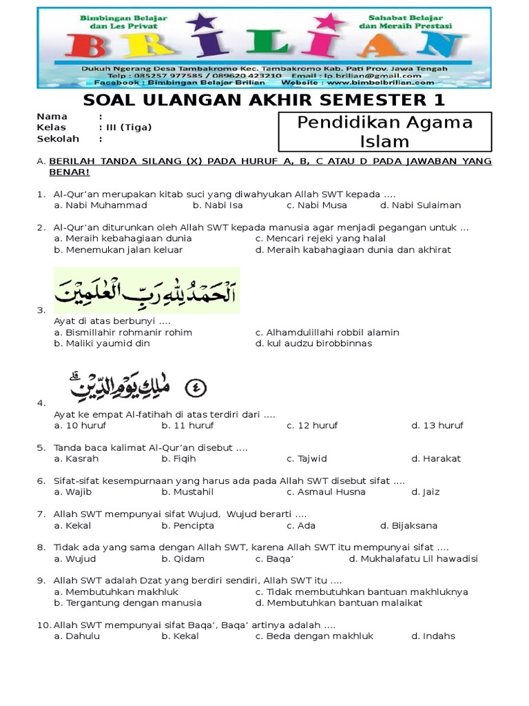 Bocoran 50 Latihan Soal PAI Kelas 3 Semester 1 Kurikulum 2013 Wajib Tahu Agar Nilai Bagus