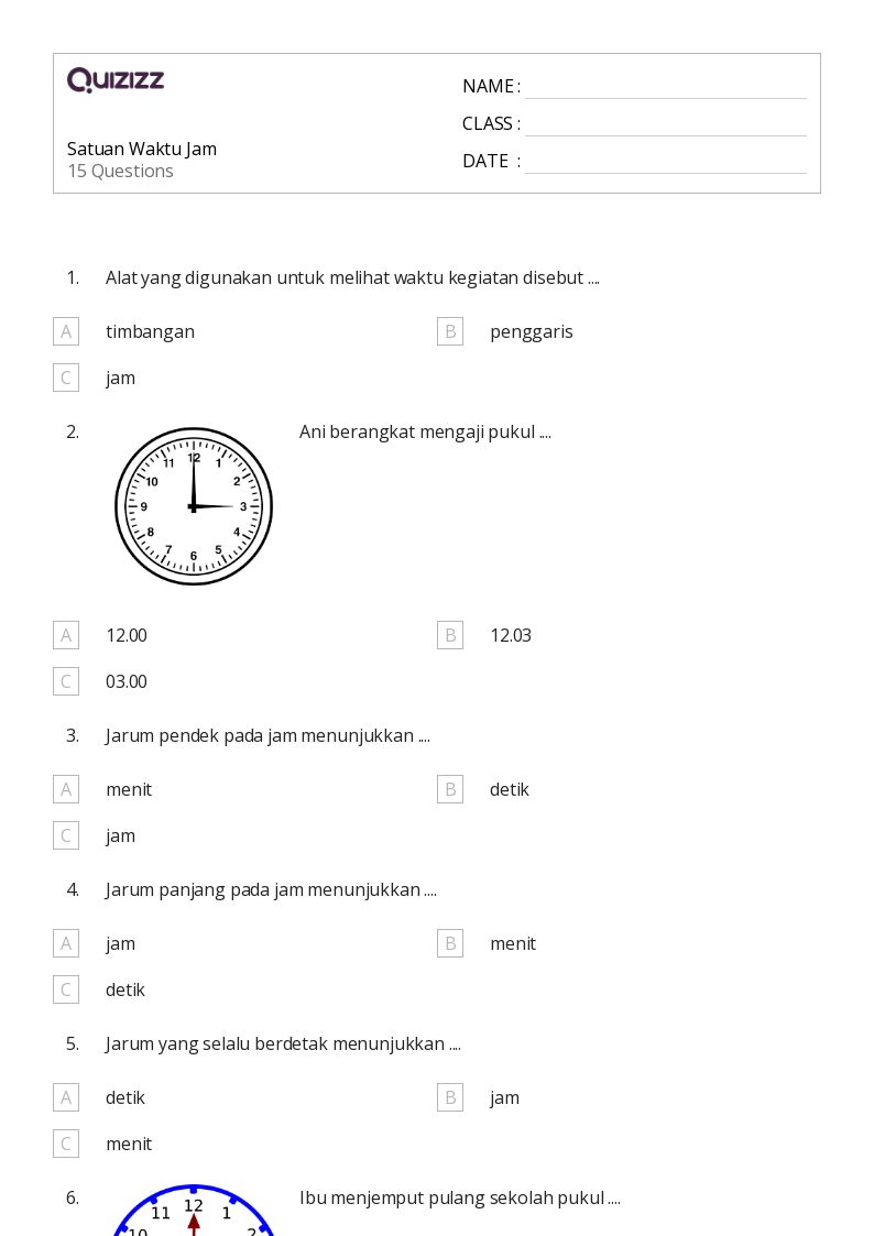 50 lembar kerja Waktu ke Jam untuk Kelas 1 di Quizizz Gratis Dapat