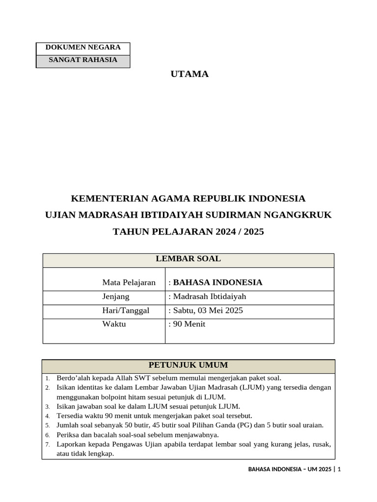 Soal Ujian Bahasa Indonesia MI 2025 PDF