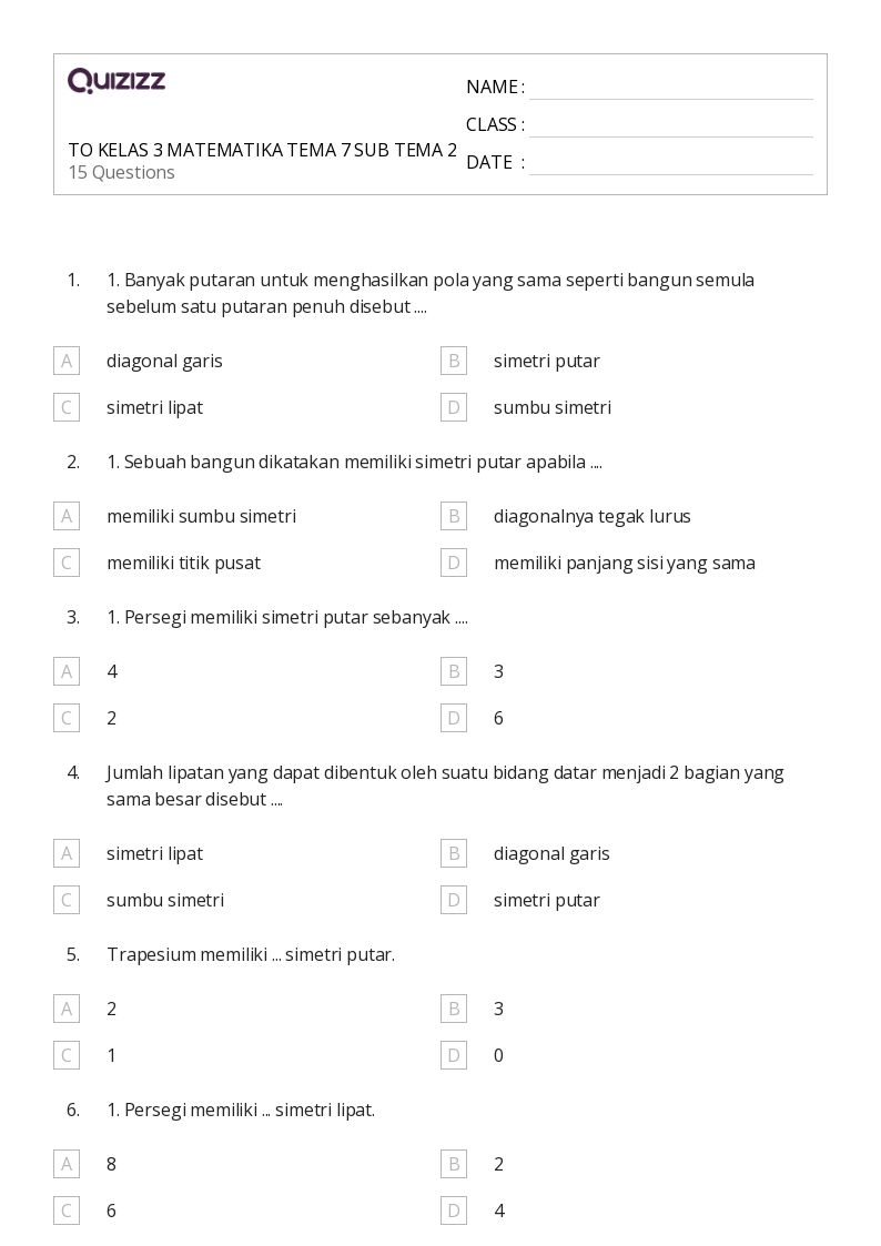50 lembar kerja Garis Simetri untuk Kelas 6 di Quizizz Gratis