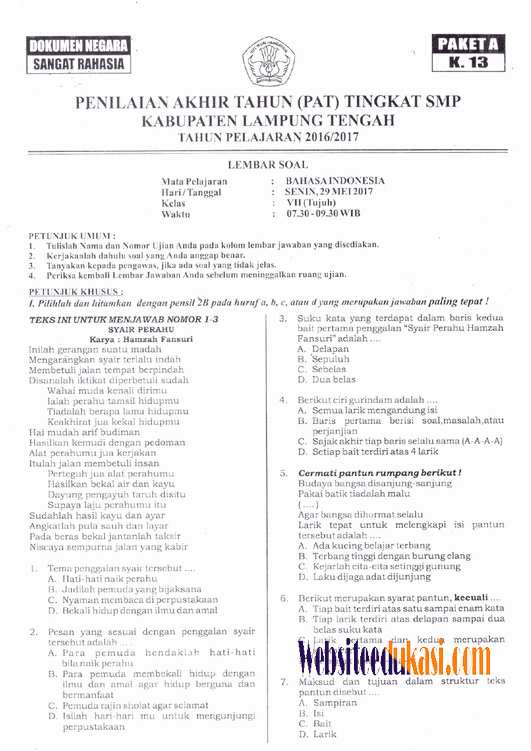 Soal PAT UKK Bahasa Indonesia SMP MTs Kelas 7 Tahun 2018 - Edukasi Dini Soal PAT UKK Bahasa Indonesia SMP MTs Kelas 7 Tahun 2018 - Edukasi Dini