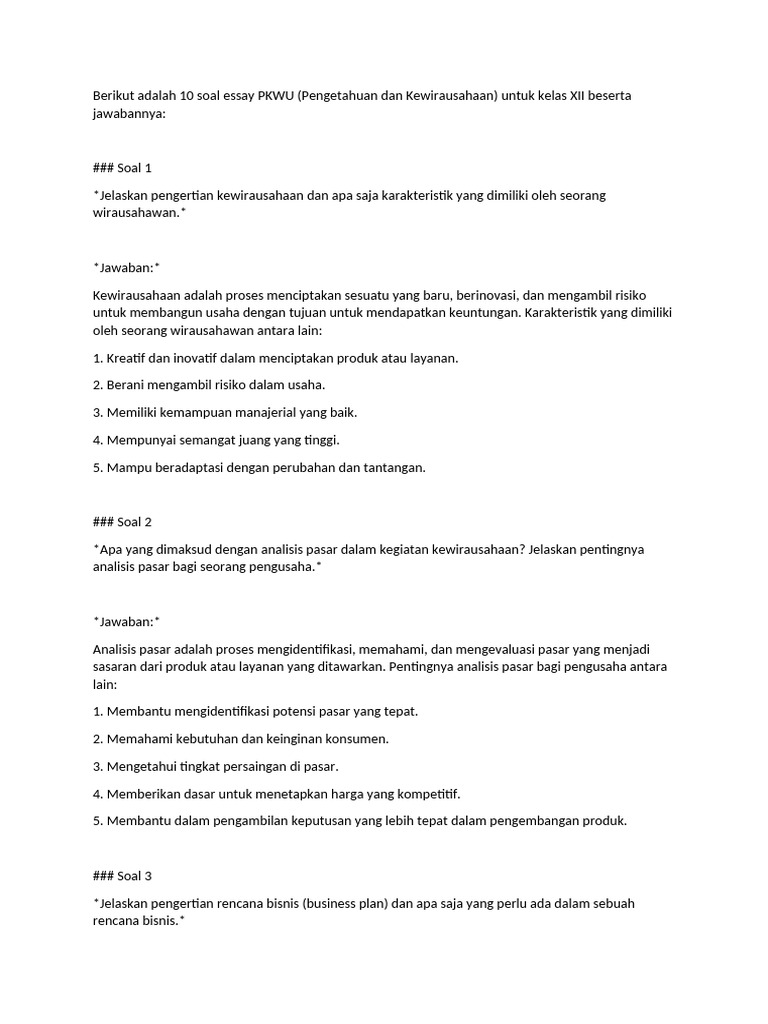 5 Contoh Soal Essay KWU Kelas 12 Semester 1 yang Wajib Dikuasai Agar Lulus Ujian
