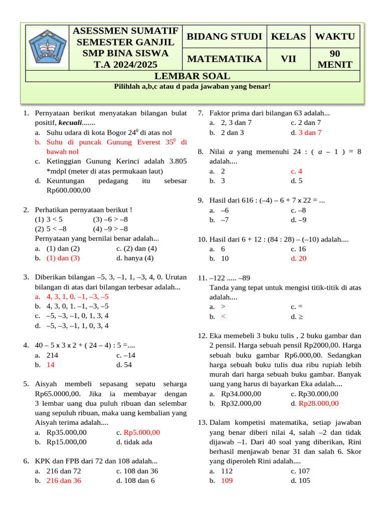 7 Contoh Soal Cerita Matematika Kelas 7 Semester 1 yang Wajib Tahu Sebelum Terlambat