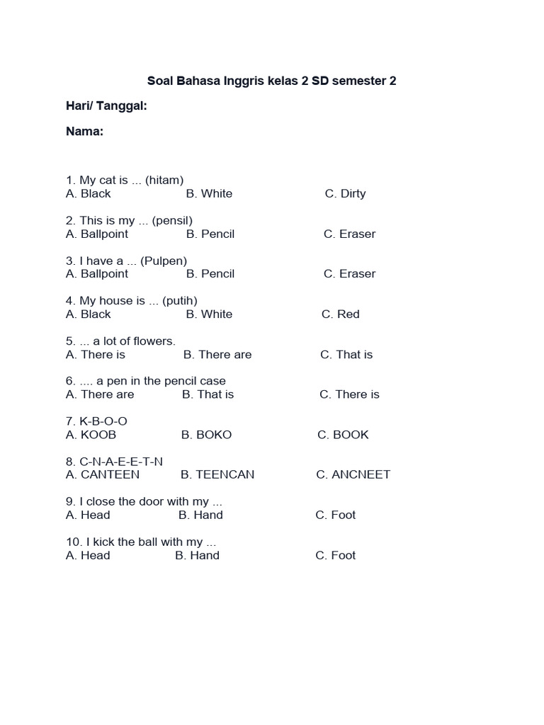 Soal Bahasa Inggris Kelas 2 SD Semester 2 PDF Soal Bahasa Inggris Kelas 2 SD Semester 2 PDF