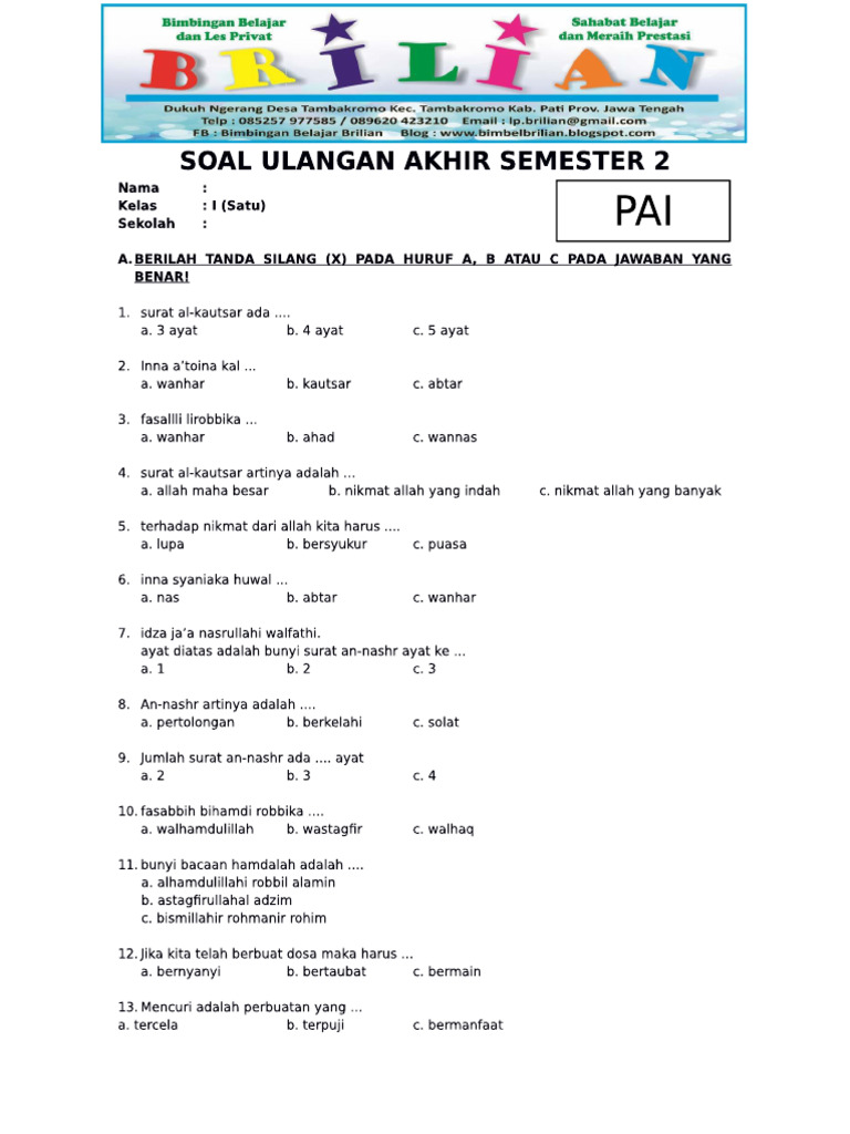 7 Contoh Soal UAS PAI Kelas 1 SD Semester 2 yang Terbukti Membantu Anak Sukses Sekarang