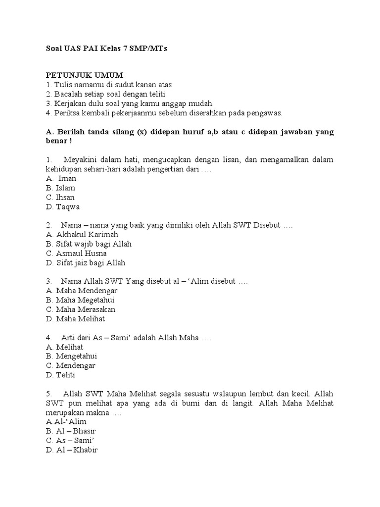 Berikut 7 Contoh Soal UAS PAI Kelas VII Semester 2 PDF yang Sering Muncul, Wajib Dipelajari Sebelum Ujian!