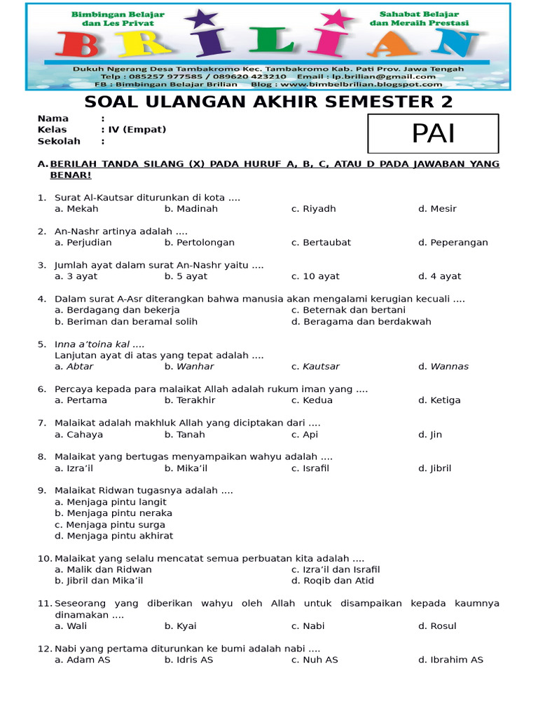Soal UAS PAI Kelas 4 SD Semester 2 PDF