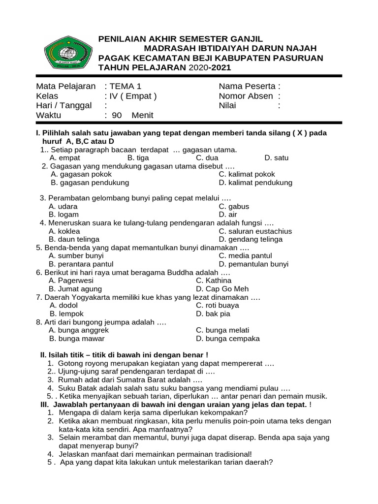 Soal Pas Kelas 4 Tema 1 2020-2021 PDF