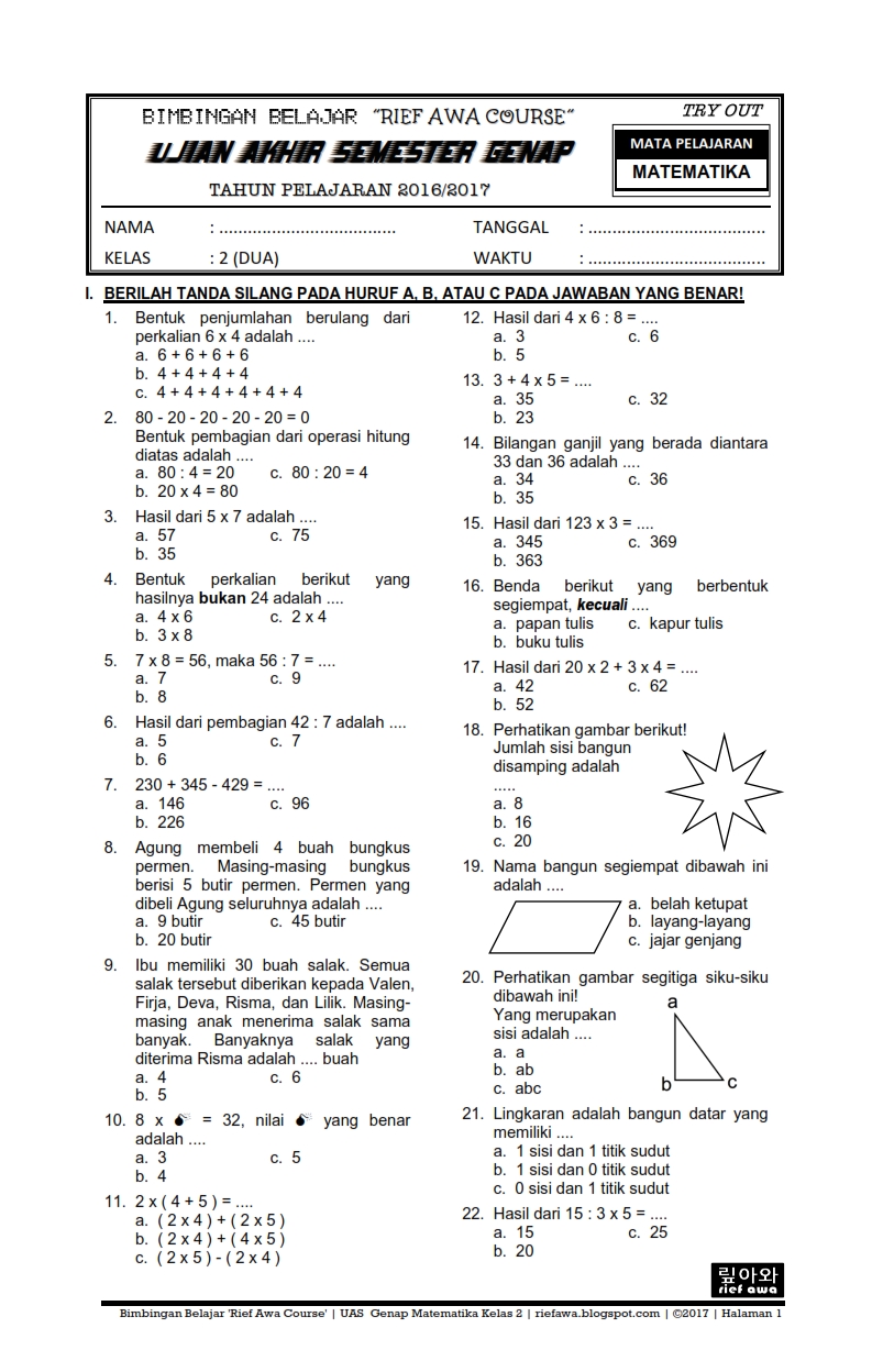 40 Soal Ulangan Matematika Kelas 4 Semester 2