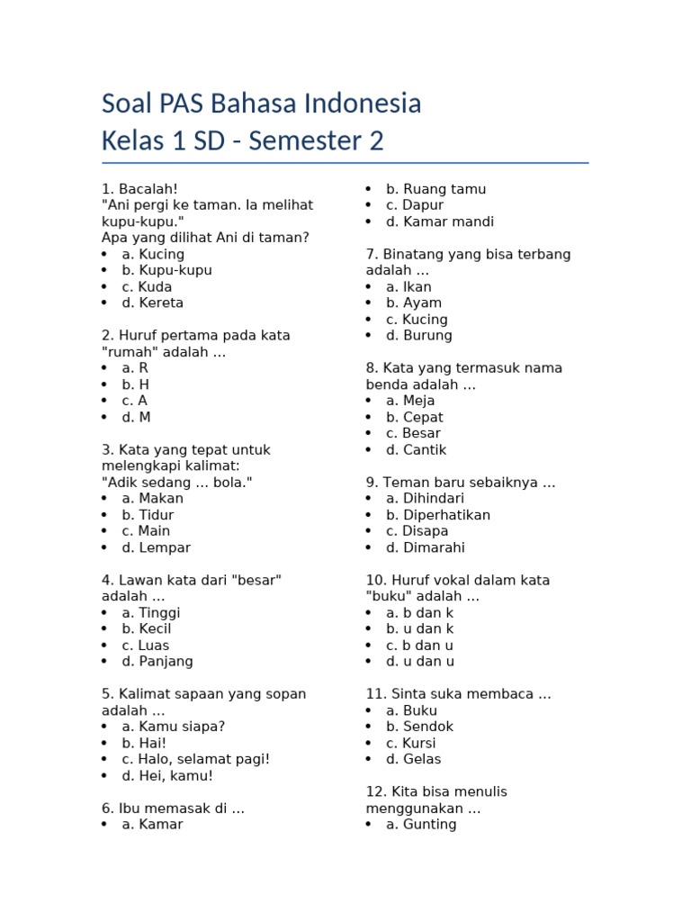 Soal PAS Bahasa Indonesia Kelas 1 SD PDF Soal PAS Bahasa Indonesia Kelas 1 SD PDF