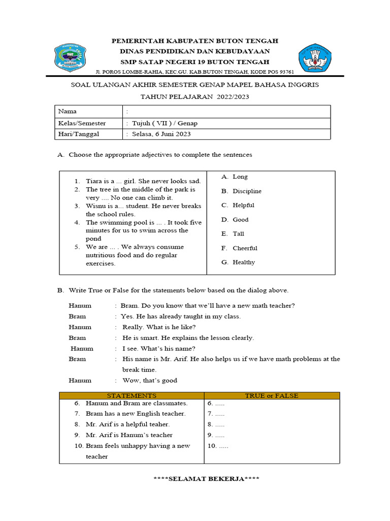 Soal Ulangan Bahasa Inggris Kelas 7 Pas PDF