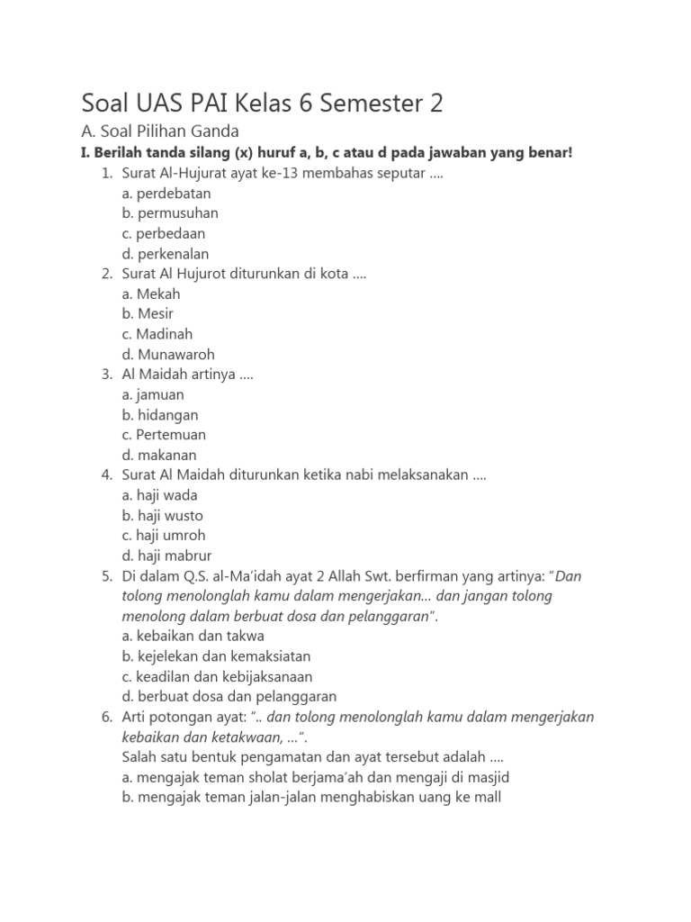 Terbukti Efektif! 5 Contoh Soal UAS PAI Kelas 6 Semester 2 Juragan Les Bikin Nilai Naik