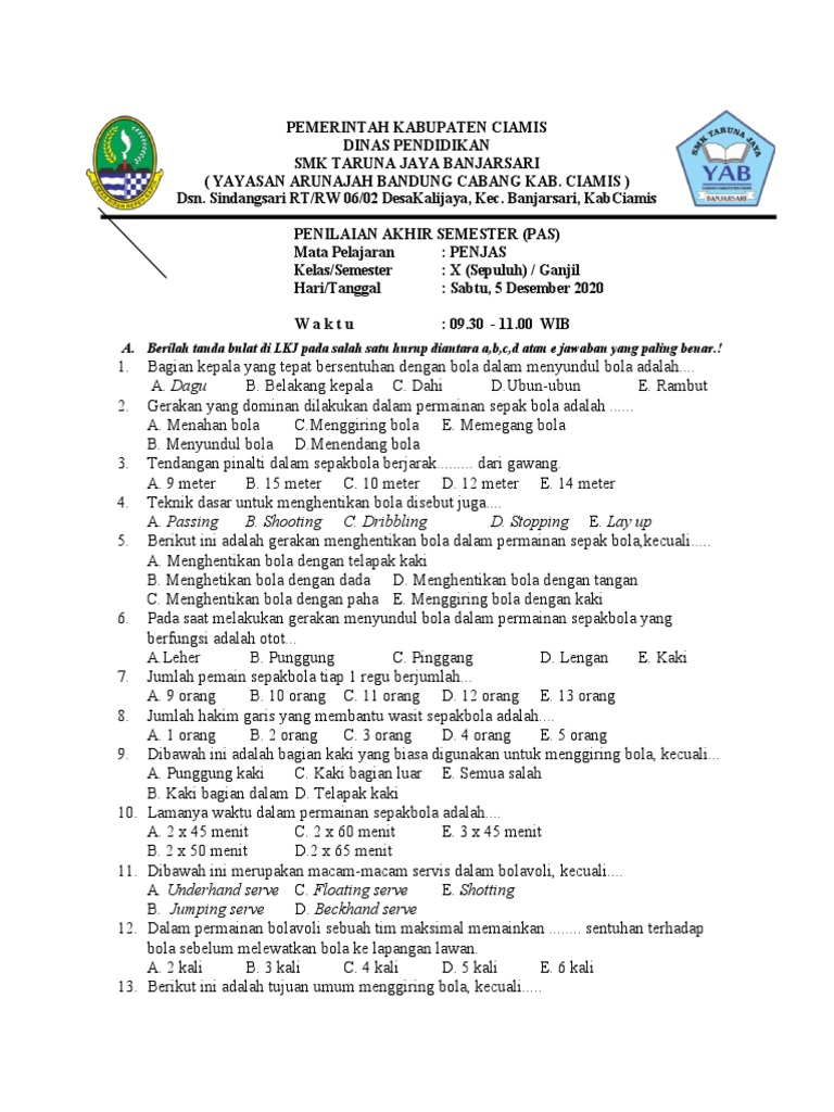 Terbukti Efektif! 7 Contoh Soal UAS PAS Penjas Kelas X Semester 2 yang Jarang Diketahui