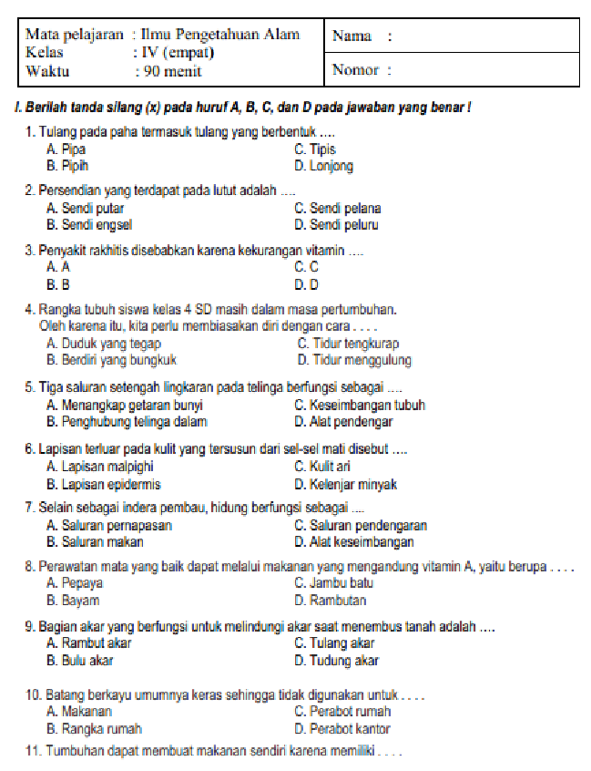 contoh soal ipa kelas 4 semester 1