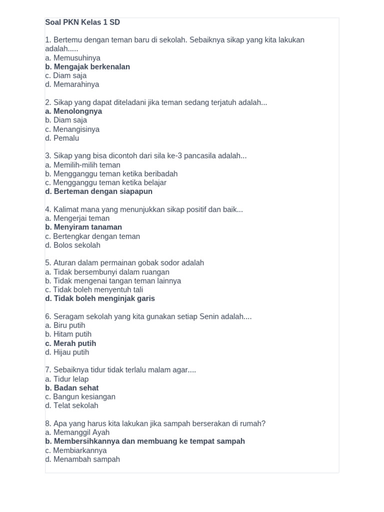 7 Contoh Soal PKN Kelas 1 SD Ternyata Bisa Mengasah Otak, Wajib Tahu Sebelum Ujian STS 2026