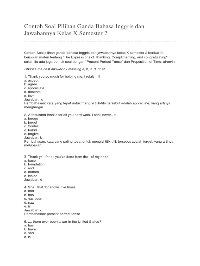 Soal Bahasa Inggris Kelas X Semester 2 PDF Soal Bahasa Inggris Kelas X Semester 2 PDF